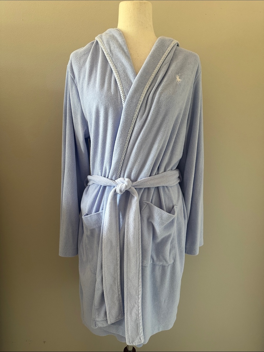 Ralph Lauren Womens Light Blue Hooded Robe Striped Trim Size L/XL Preppy Comfy